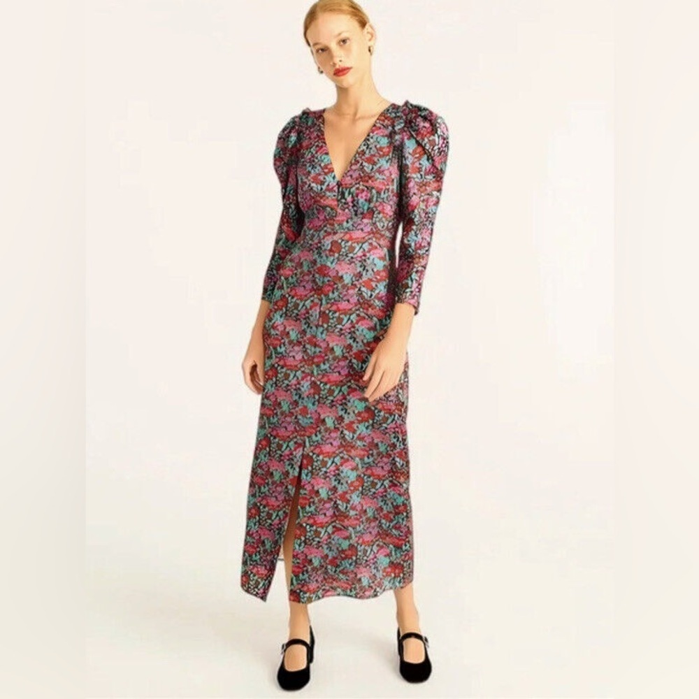 NWT J. Crew Collection Drapey Puff Sleeve Floral Midi Dress in Ratti® Red Blooms
